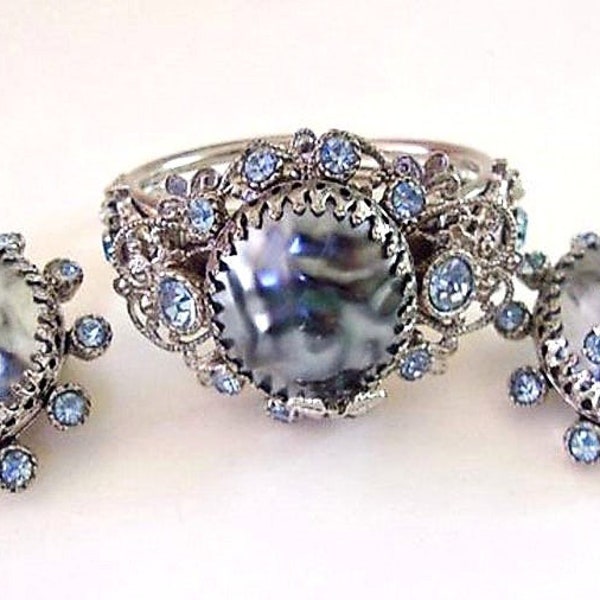 SELRO Gray Lava Glass Bracelet Earrings Set Signed, Blue Rhinestones, Hinged Silver Tone, Vintage