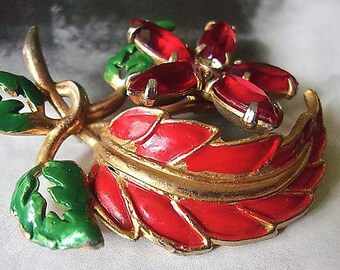 Enamel Rhinestone Red Floral Brooch, Green Leaves, Enamel, Pot Metal, Vintage