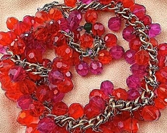 Red Pink Cha Cha Necklace Lucite Bead Cluster, Chain Linked Fuchsia, Pop of Color, Vintage