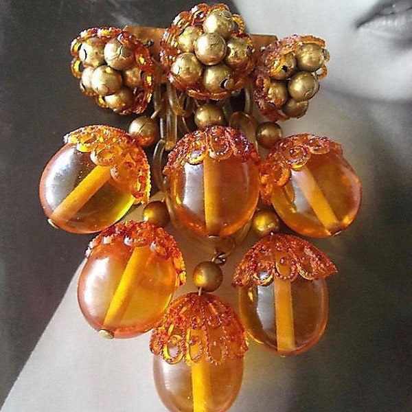 Czech Lucite Grape Acorn Brooch Cluster, Brass Art Deco Dangles, Amber Color, Vintage