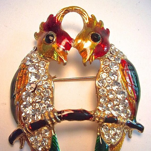 Parrot Love Birds Enamel Brooch, Guilloche, Rhinestones, Gold Plated, 'C' Clasp Vintage