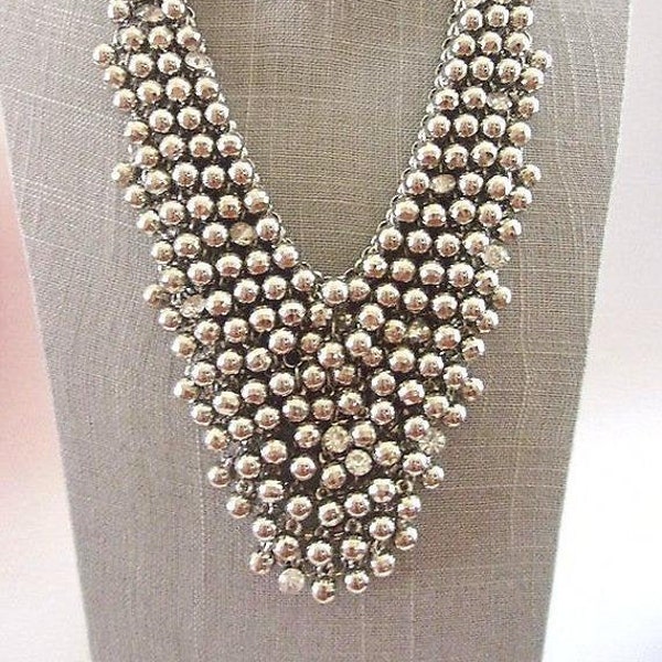 STEVE MADDEN Silver Beads Bib Necklace Mesh, Rhinestones Statement, Vintage