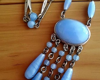 Collana vintage in vetro artistico blu ceco con pendenti, pendente in vetro boho, catena color argento