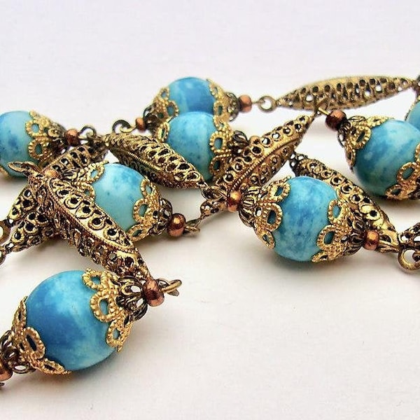 Czech Turquoise Art Glass Necklace 925 Earrings Set, Brass Filigree, Ornate Box Clasp, Vintage