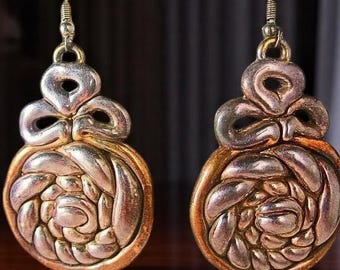 Sterling Silver BAT AMI Earrings Unsigned, Textured Electroform, Gold Overlay, Large Vintage