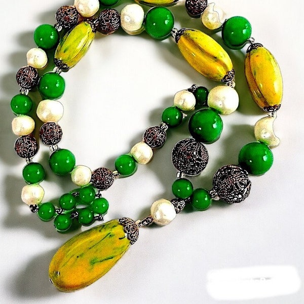 Carved Bakelite Lavalier Necklace, Glass Baroque Pearls, Green & Filigree Beads, Vintage