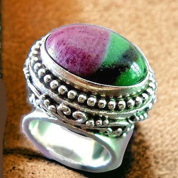 SAJEN Ruby Zoisite Heavy Sterling Ring, Bezel Set, Ornate Scroll Work, Vintage sz 5.5 - 6