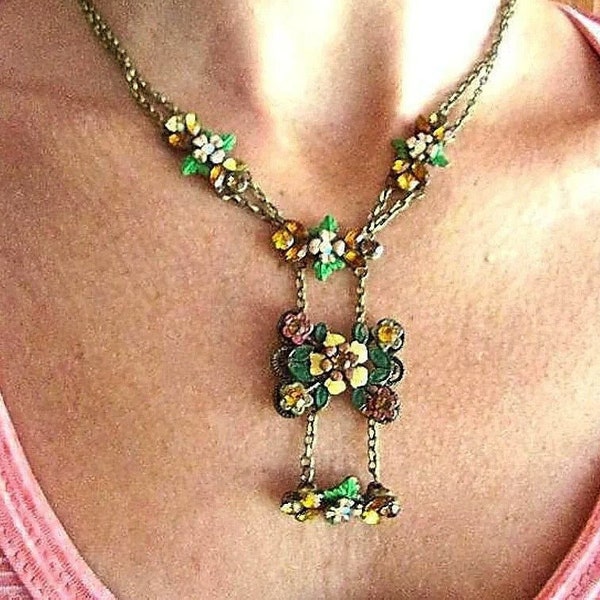 Floral Rhinestone Lavalier Necklace, Enameled Renaissance Revival, Brass Chain, Vintage