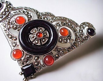 Art Deco Marcasite Triangle Brooch, Red Black Glass Cabochons, Silver Tone, Vintage