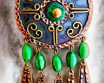CASA MAYA Copper Dangle Brooch-Pendant, Mexico, Brass, Green Glass, Southwestern Vintage