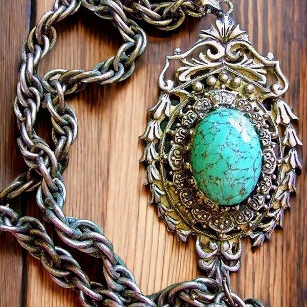 Victorian Revival Necklace-Pendant Germany, Turquoise Hubbell Art Glass Floral Filigree, Thick Rope Chain, Ornate, Silver Tone, Vintage