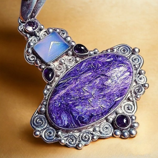 SAJEN 925 Charoite Large Pendant, Chalcedony, Amethyst, Sterling 925, 35.3 Grams, Vintage