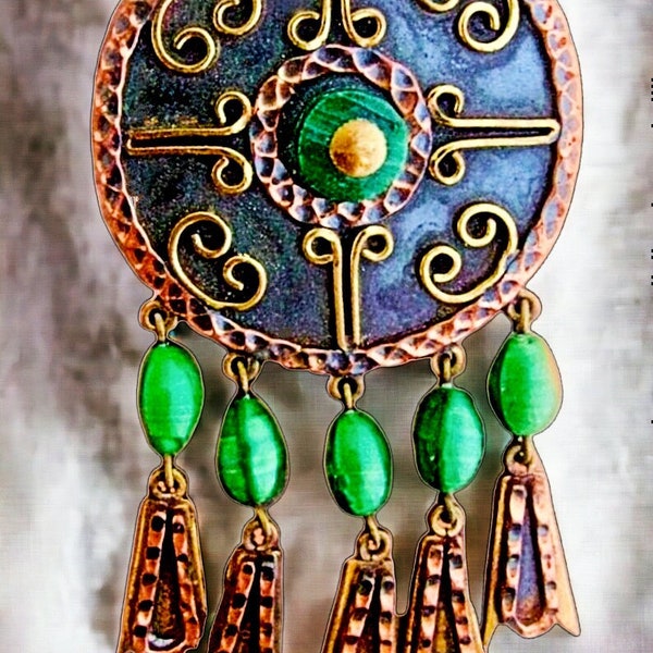 CASA MAYA Copper Dangle Brooch-Pendant, Mexico, Brass, Green Glass, Southwestern Vintage
