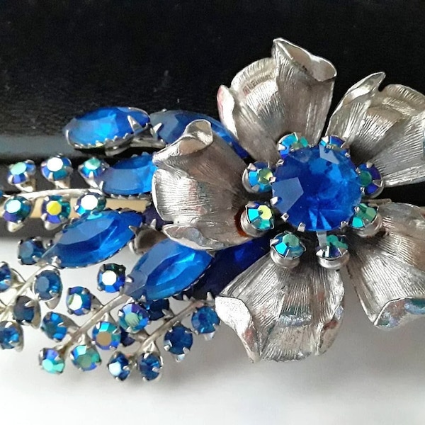 Signed SELINI Flower Brooch, Blue & AB Rhinestones, Silver Tone, Large Vintage