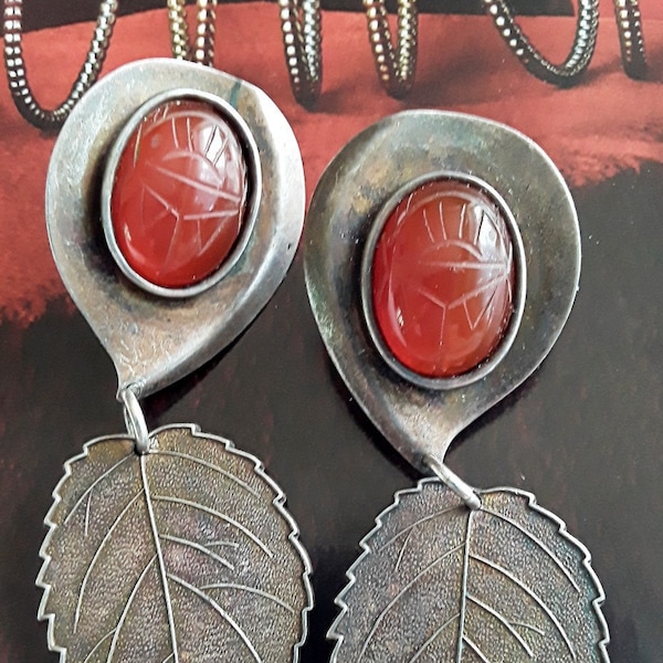 KATE HINES Glass Carnelian Earrings Post, Scarab Carved, Leaf Dangle, Large Vintage