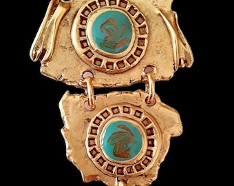 Brutalist Articulated Long Brooch, Enamel Turquoise, Gold Tone, Artisan Sculptural OOAK, Vintage
