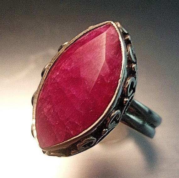 Faceted Ruby Sterling Silver Ring, Marquis-Cut, S… - image 1