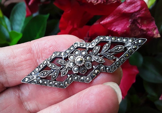 Art Deco Marcasites Sterling Silver Brooch Pin, S… - image 6
