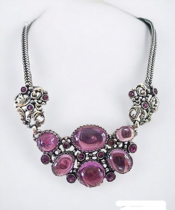 SELRO Purple Rhinestone Necklace, Large Glass Cab… - image 2