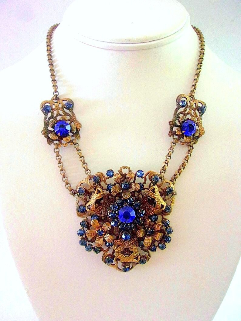 Cobalt Blue Czech Necklace Art Nouveau Lavalier Brass | Etsy
