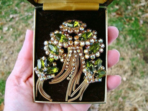 Green & AB Rhinestone Tassel Brooch Earring Set, O