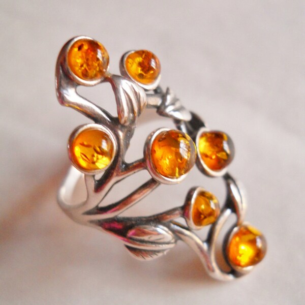 Vintage Sterling Ring Amber Open Leaf Cut Adjustable