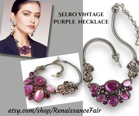 SELRO Purple Rhinestone Necklace, Large Glass Cab… - image 10