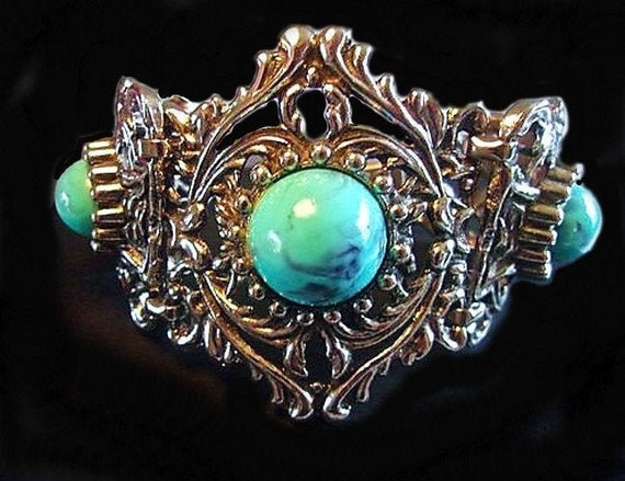 Victorian Revival Faux Turquoise Bracelet, Caboch… - image 7