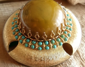 Bakelite Cabochon & Turquoise Accents Brooch , CADORO Greenish Dome Gold Tone Boho, Vintage Statement Pin