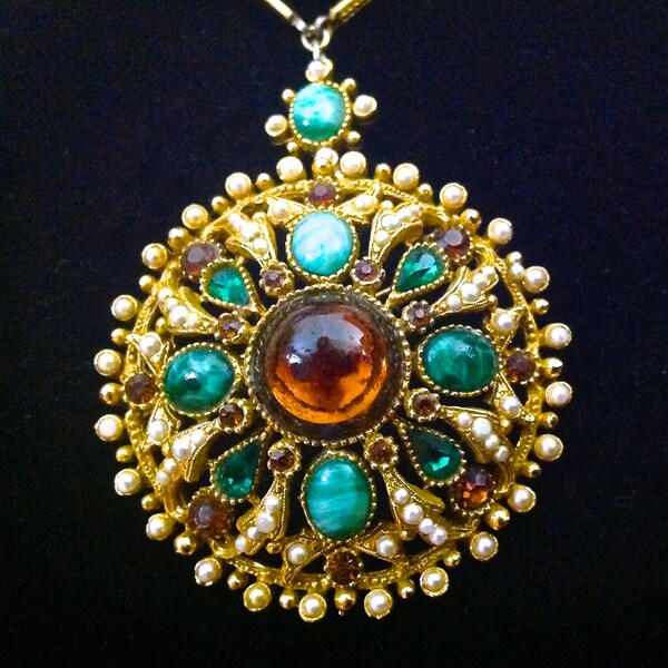 RESERVED for F - Art Glass Brooch-Pendant Necklace, CAPRI, Amber and Green, Vintage Faux Pearls