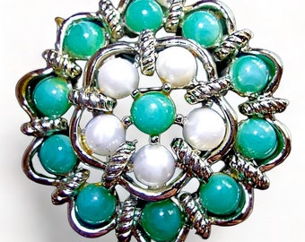 MARBOUX Turquoise Cabochons Brooch by Marcel Boucher, Glass Pearls, Silver Tone, Vintage