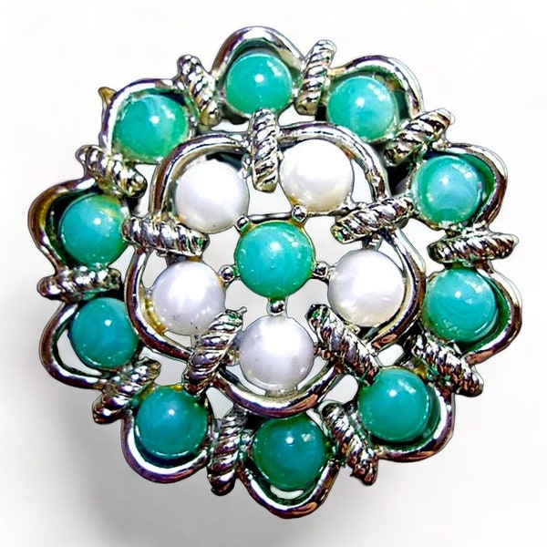 MARBOUX Turquoise Cabochons Brooch by Marcel Boucher, Glass Pearls, Silver Tone, Vintage