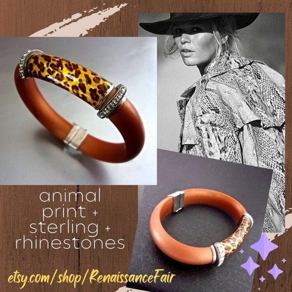 Enamel Animal Print Sterling Bracelet, Clear Rhin… - image 10
