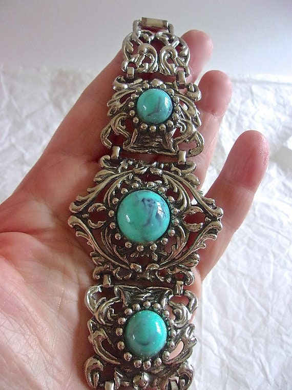 Victorian Revival Faux Turquoise Bracelet, Caboch… - image 8