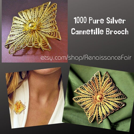 1000 Pure Silver Cannetille Brooch Pin, Gold Wash… - image 10