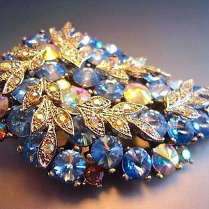 Blue AB Rivoli Rhinestone Cluster Brooch, Silver Leaves, Paisley Shape ...