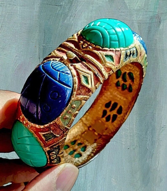 Egyptian Revival Scarab Bracelet, Unsigned KRAMER… - image 1