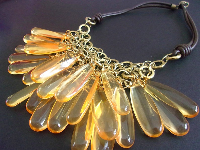 Lucite Amber Crystal Bib Necklace Drop Faux Leather Cords Etsy