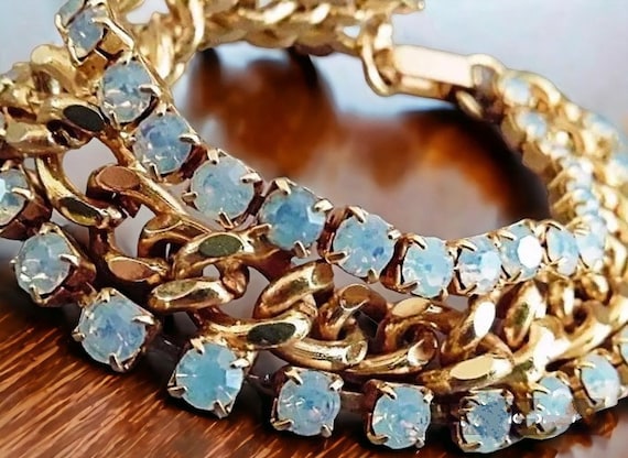 Opalescent Rhinestone Tennis Bracelet, Gold Plate… - image 1