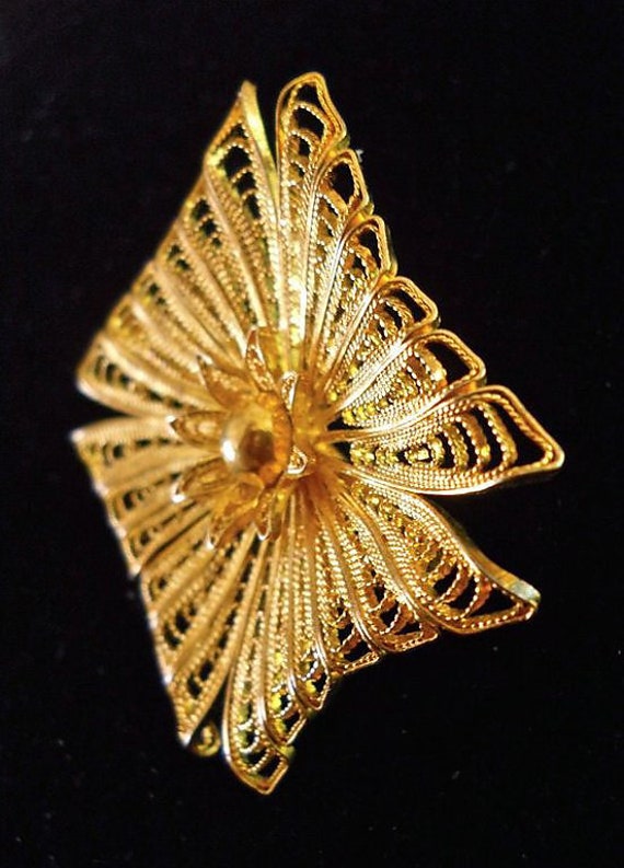 1000 Pure Silver Cannetille Brooch Pin, Gold Wash… - image 7