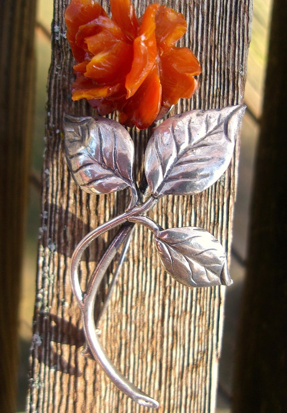Celluloid Carved Rose Brooch 835 Silver, Orange Fl