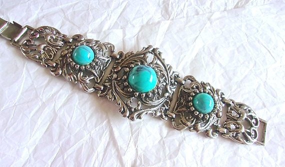 Victorian Revival Faux Turquoise Bracelet, Caboch… - image 6