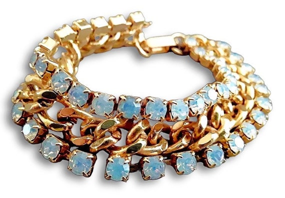 Opalescent Rhinestone Tennis Bracelet, Gold Plate… - image 7