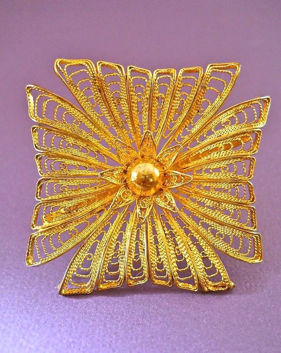 1000 Pure Silver Cannetille Brooch Pin, Gold Wash… - image 8