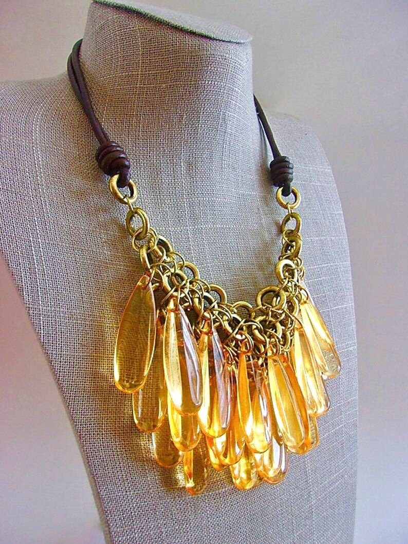 Lucite Amber Crystal Bib Necklace Drop Faux Leather Cords Etsy