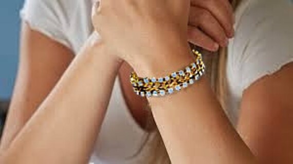 Opalescent Rhinestone Tennis Bracelet, Gold Plate… - image 5