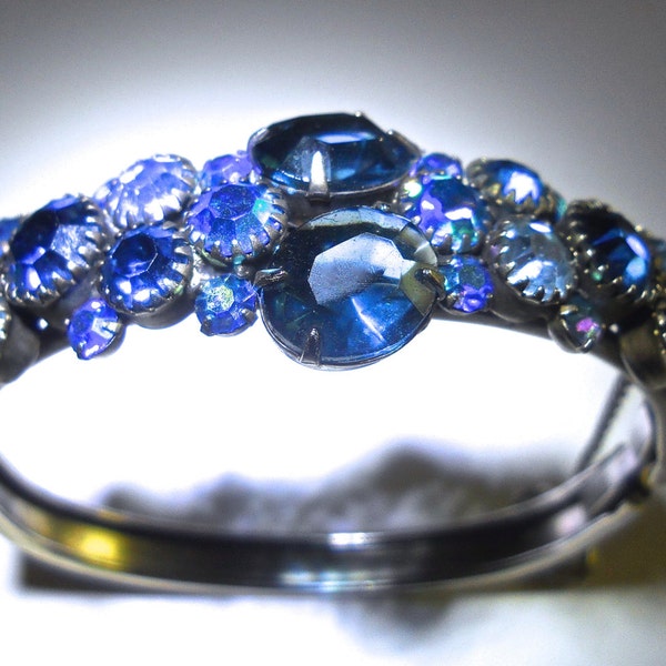 Sapphire Blue Rhinestone Bracelet Hinged, Blue ABs, Silver Tone, Vintage