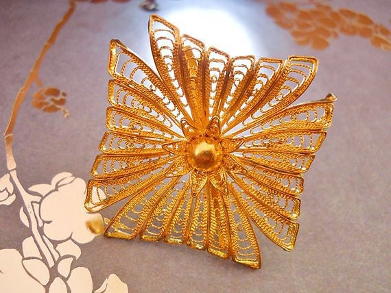 1000 Pure Silver Cannetille Brooch Pin, Gold Wash… - image 4