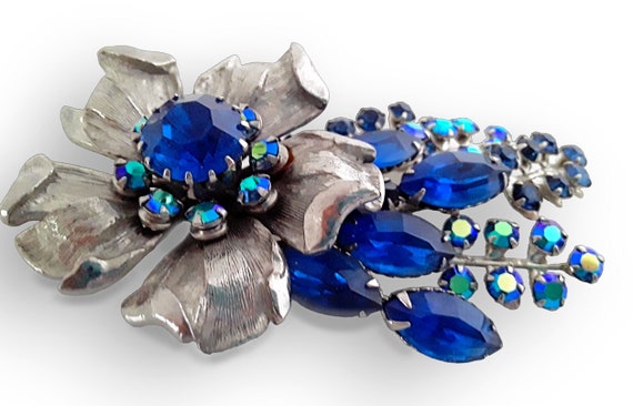 Signed SELINI Flower Brooch, Blue & AB Rhinestone… - image 3