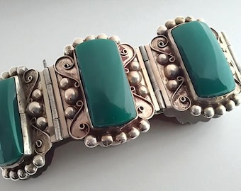 Sterling Silver Green Agate Bracelet, Taxco Mexico, Southwestern, Wide Chunky, Vintage